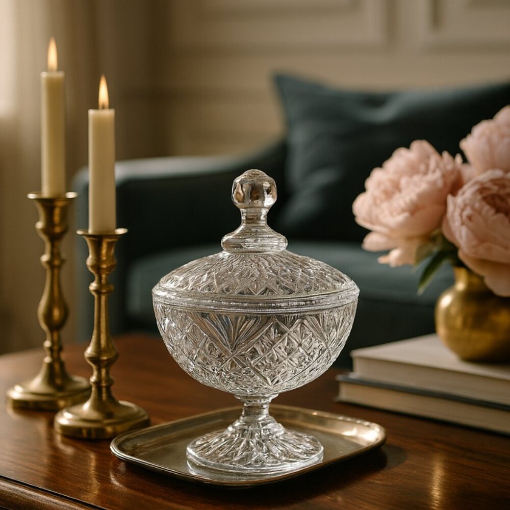 Vintage Shannon Crystal Footed Oval Cut Glass Candy Sugar Dish With Lid